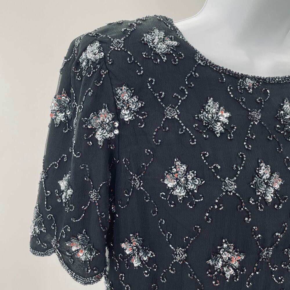 Stenay Vintage Black Silk Beaded Evening Short Sleeve Cocktail Formal Top L - Picture 3 of 9